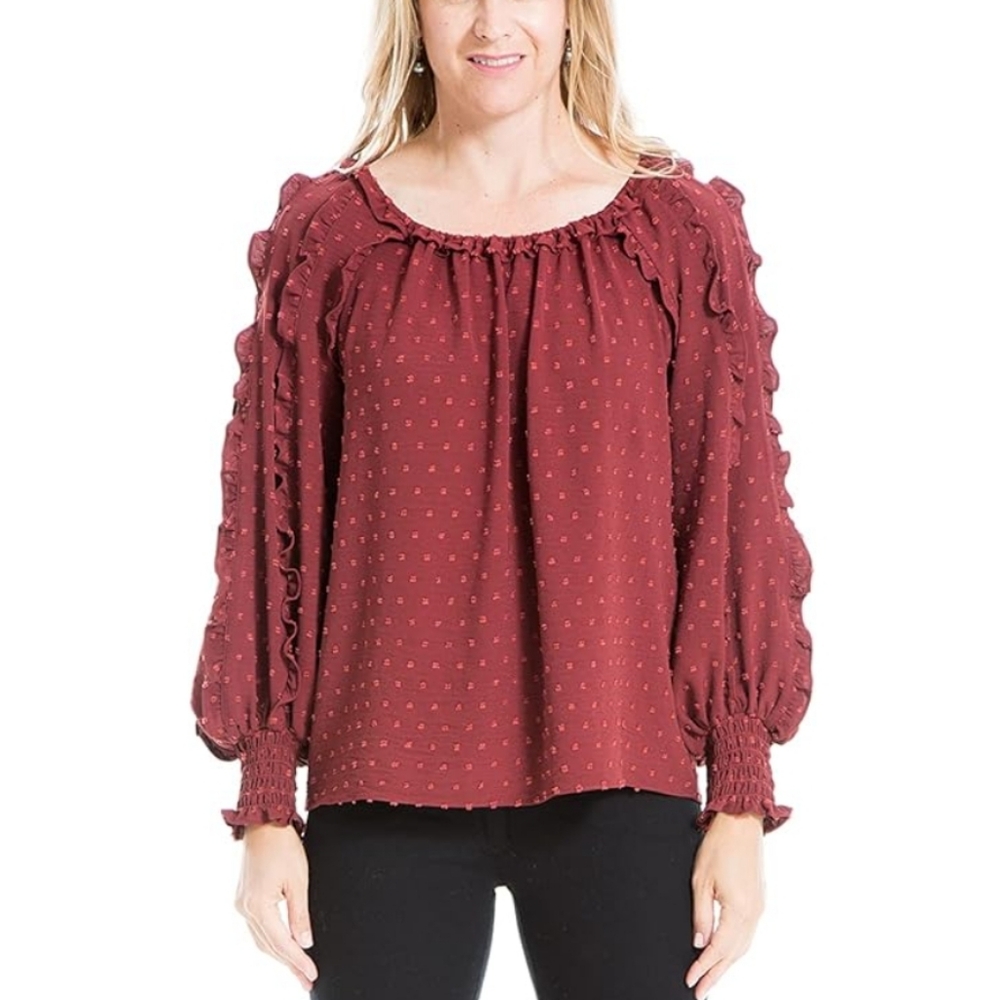 🤎Max Studeo Women's crepe smocked Floral Long Sleeve ruffle details Blouse